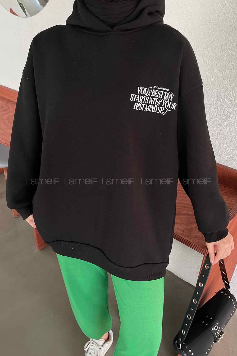 Black Hood Neck Long Arm Printed Sweatshirt