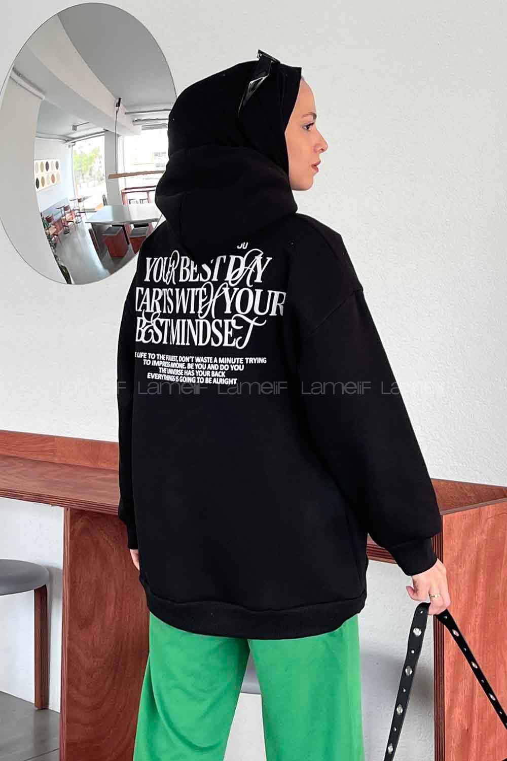 Black Hood Neck Long Arm Printed Sweatshirt