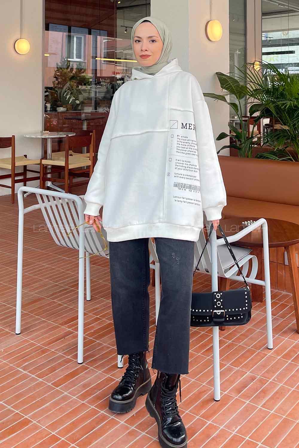 Modalemelif Mercy Baskılı Kapüşonlu Sweatshirt Ekru