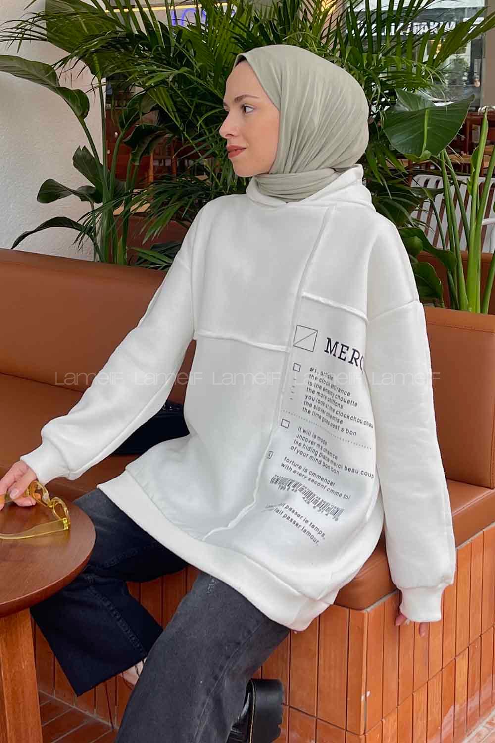 Modalemelif Mercy Baskılı Kapüşonlu Sweatshirt Ekru