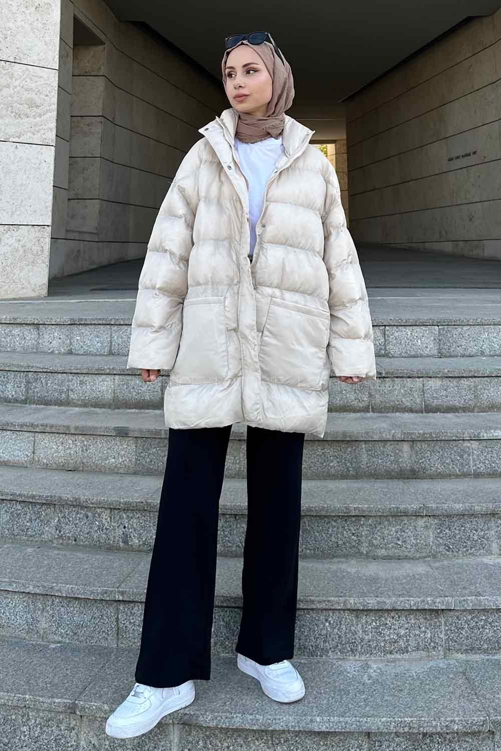 Cream Hood Neck Long Arm Coat