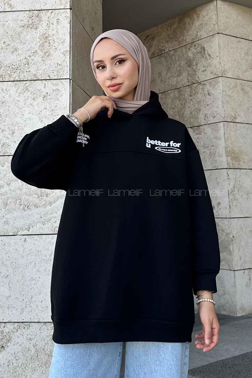 Modalamelid Dikiş Ve Yazı  Baskı Detaylı Sweatshirt Siyah