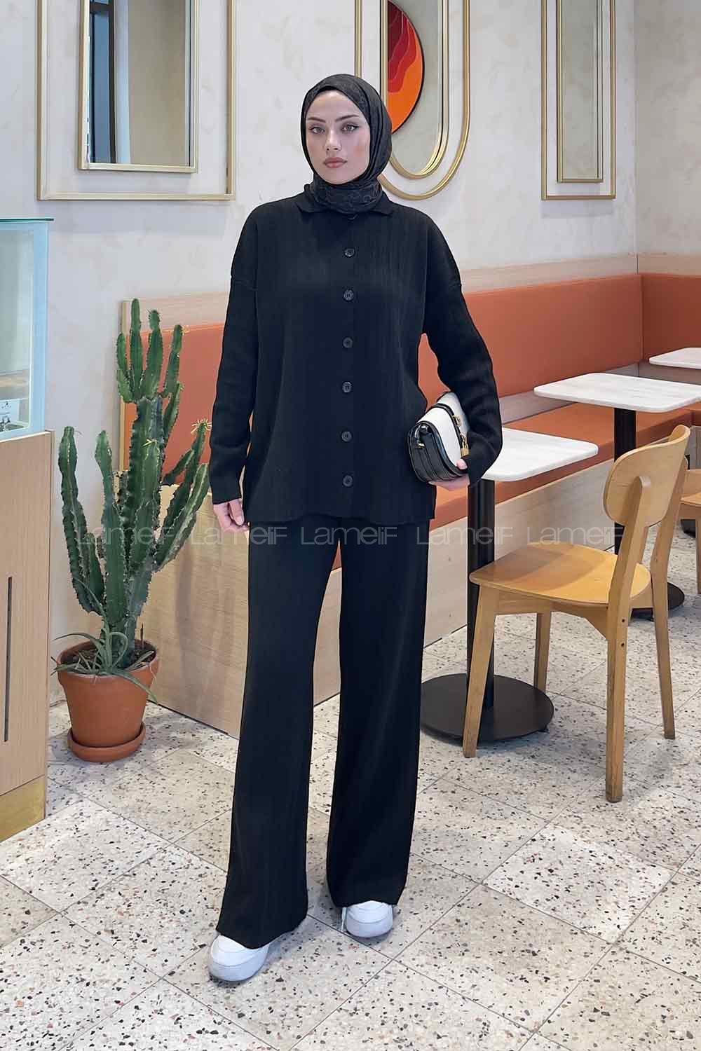 Black Polo Neck Collar Long Arm Knitwear Comfortable Suit