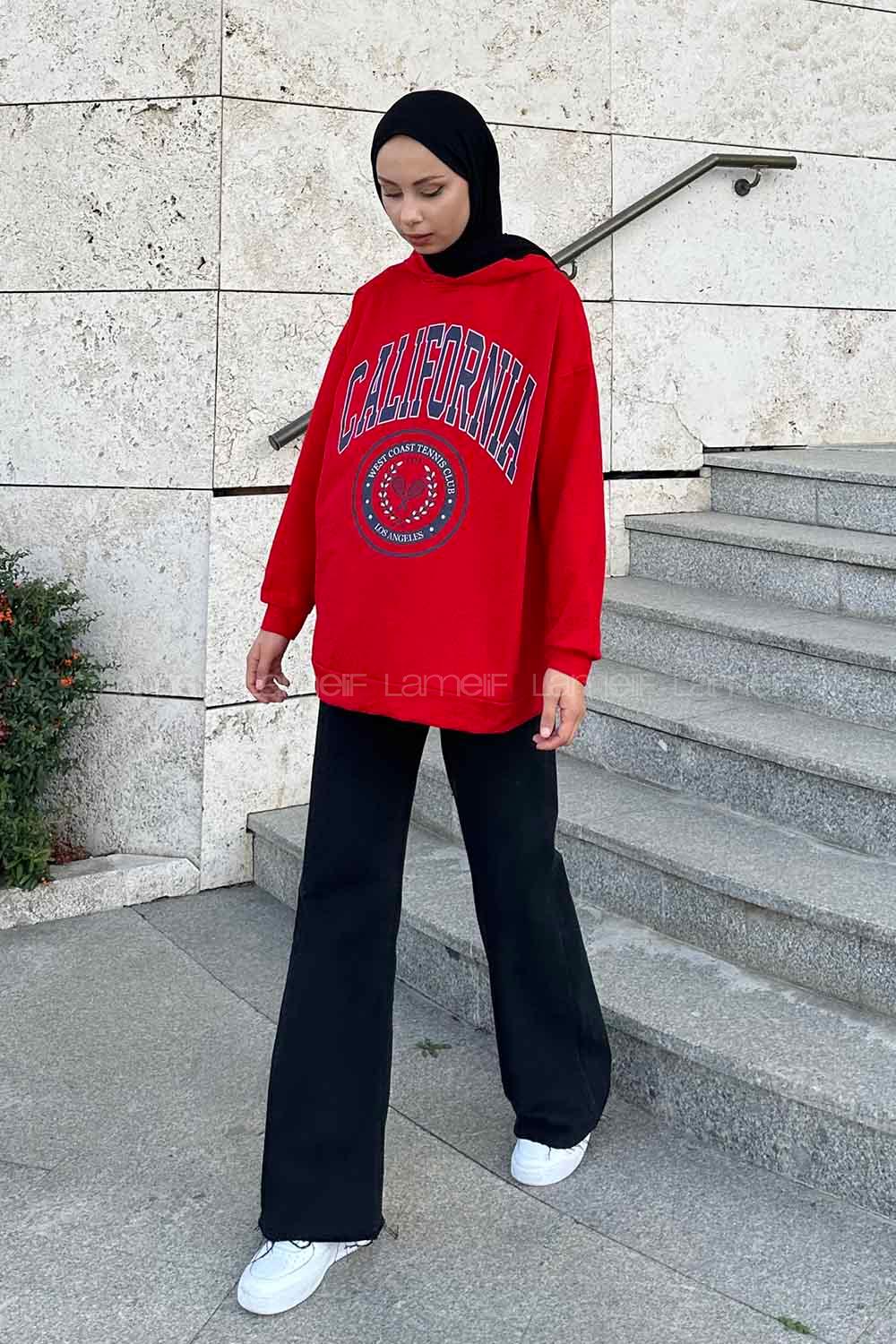 Red Hood Neck Long Arm Printed Sweatshirt