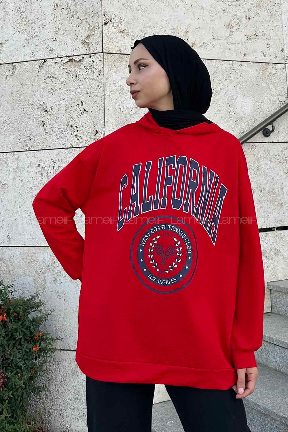 Red Hood Neck Long Arm Printed Sweatshirt