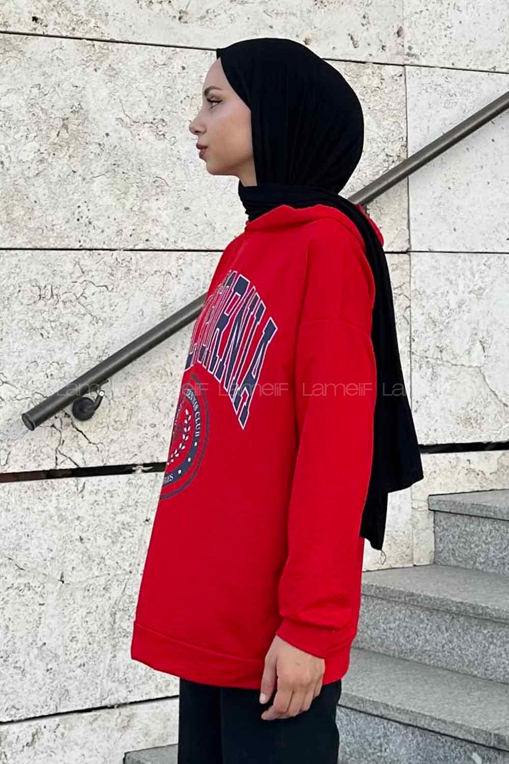 Red Hood Neck Long Arm Printed Sweatshirt