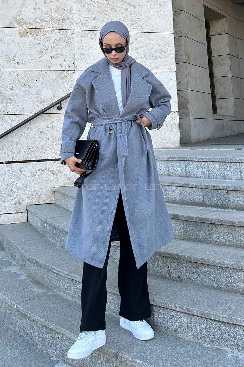 Smoked Medium V Neck Long Arm Stamp Fabric Coat