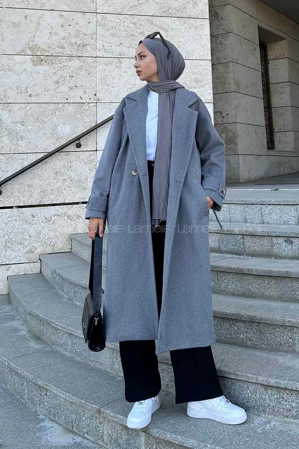 Smoked Medium V Neck Long Arm Stamp Fabric Coat