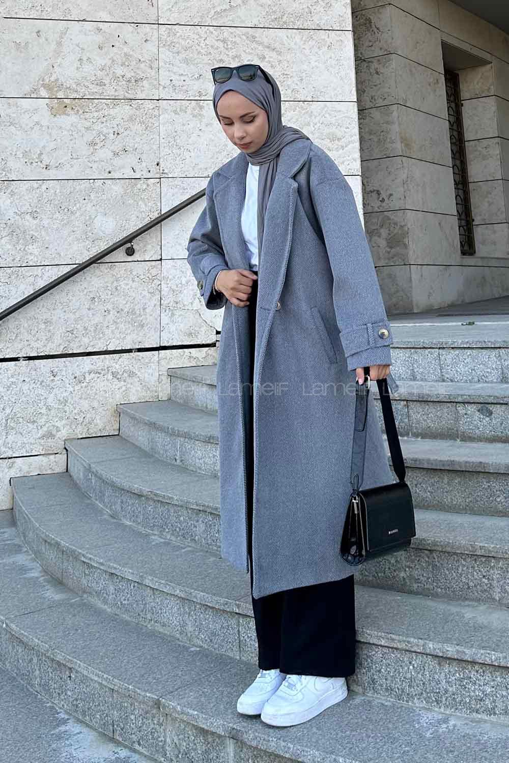 Smoked Medium V Neck Long Arm Stamp Fabric Coat