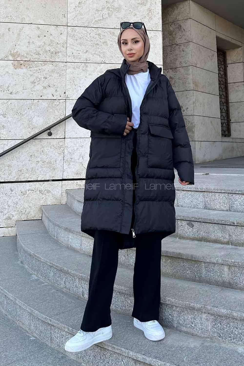 Black Hood Neck Long Arm Coat