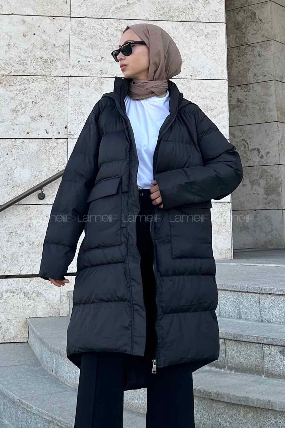 Black Hood Neck Long Arm Coat