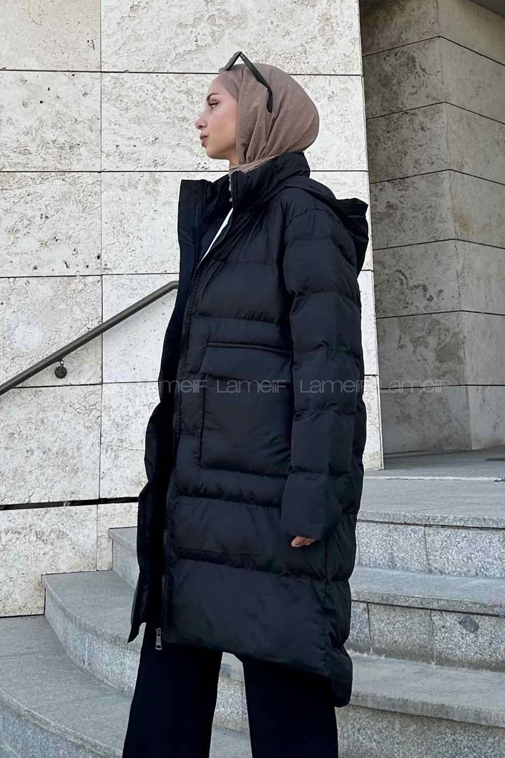 Black Hood Neck Long Arm Coat