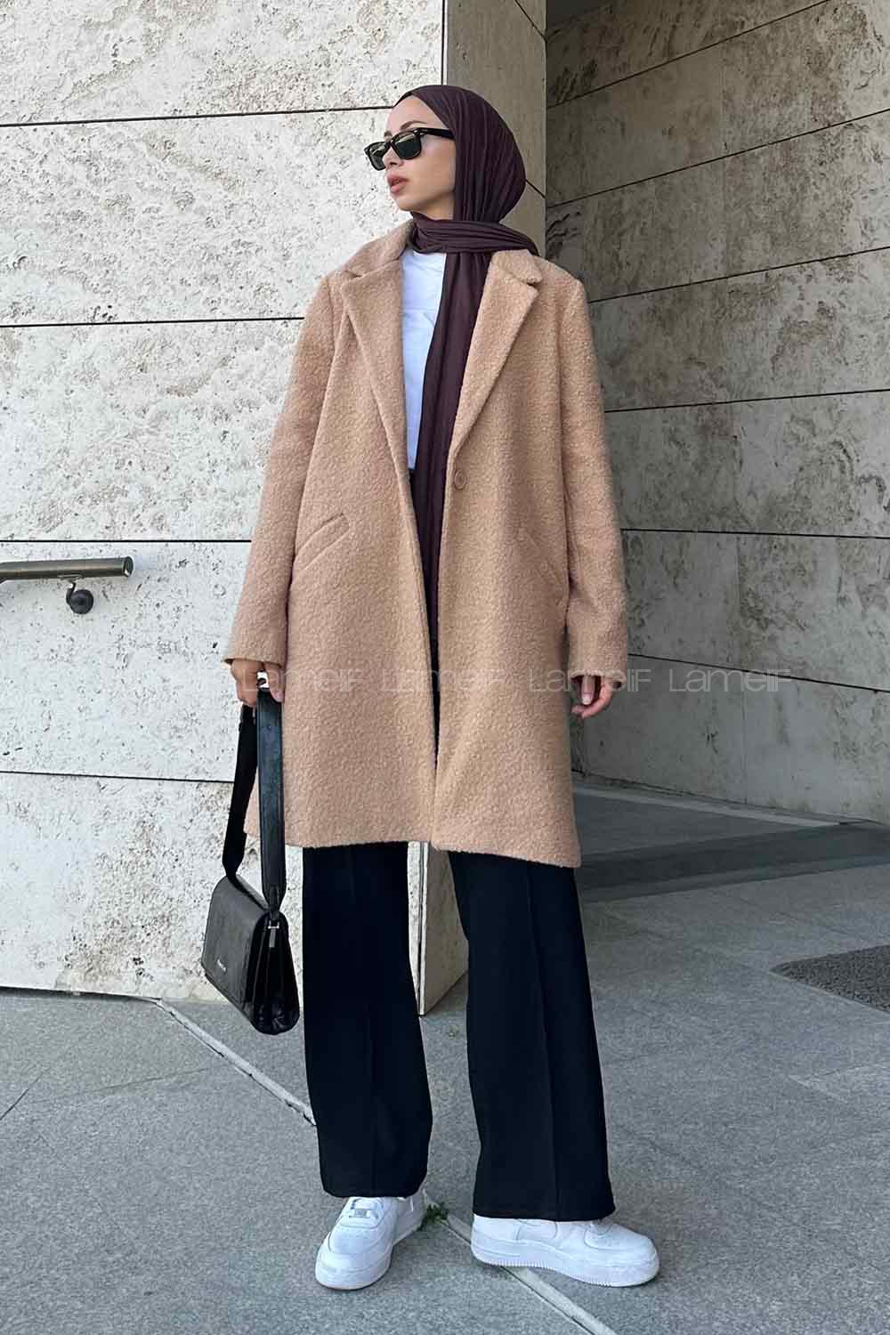 Lamelif Valeria Tek Düğmeli Peluş Kaban Sütlü Kahve