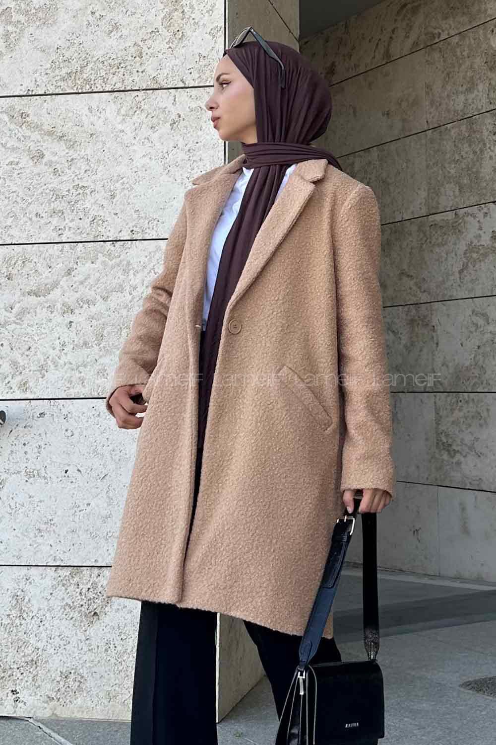 Lamelif Valeria Tek Düğmeli Peluş Kaban Sütlü Kahve