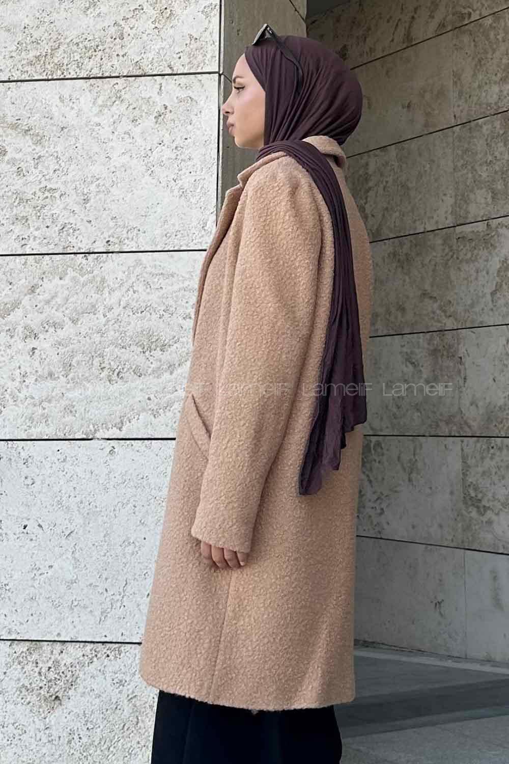 Lamelif Valeria Tek Düğmeli Peluş Kaban Sütlü Kahve