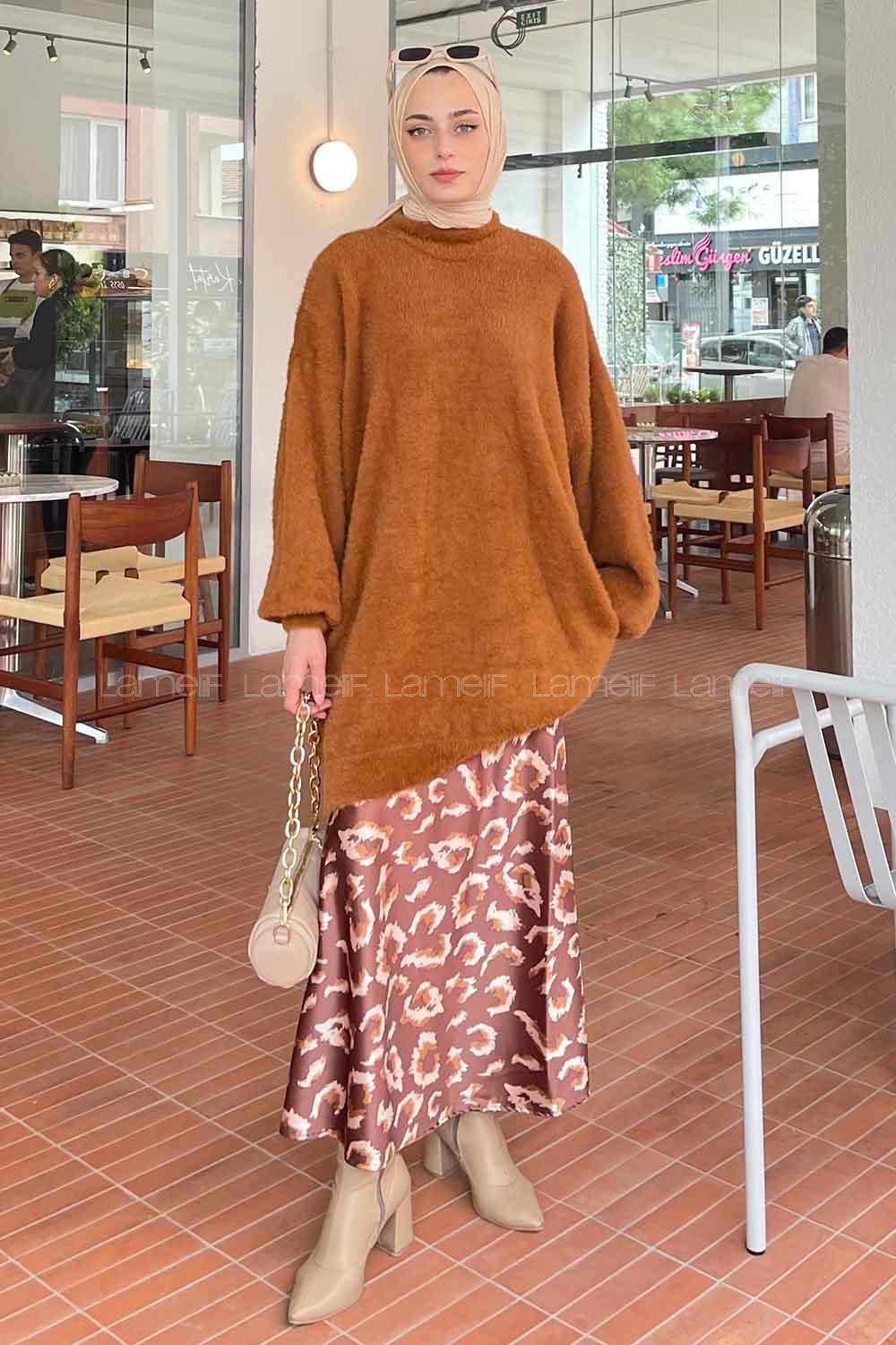 Tan Turtle Neck Cotton Lycra Unprinted Tunic