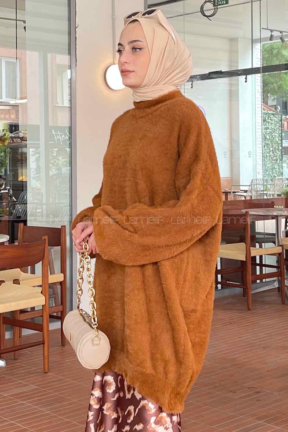 Tan Turtle Neck Cotton Lycra Unprinted Tunic