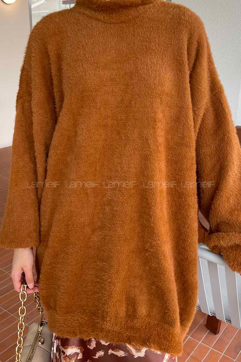 Tan Turtle Neck Cotton Lycra Unprinted Tunic