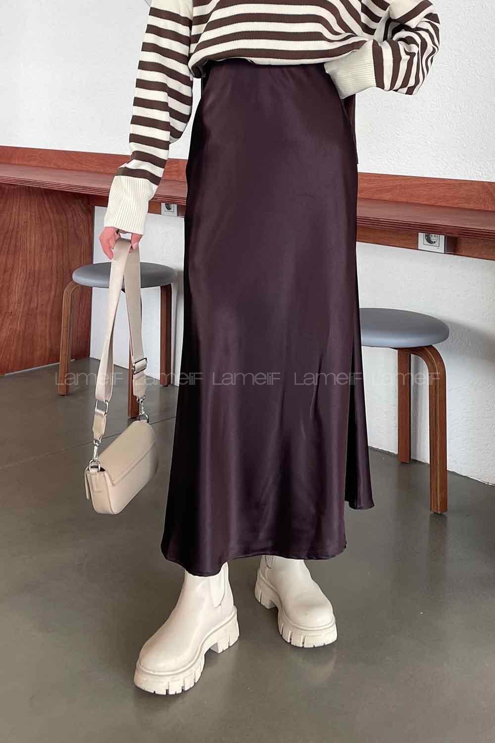 Brown Satin Fabric Flare Skirt