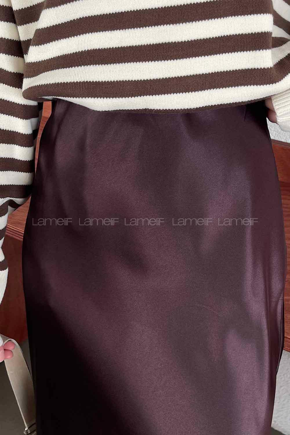 Brown Satin Fabric Flare Skirt