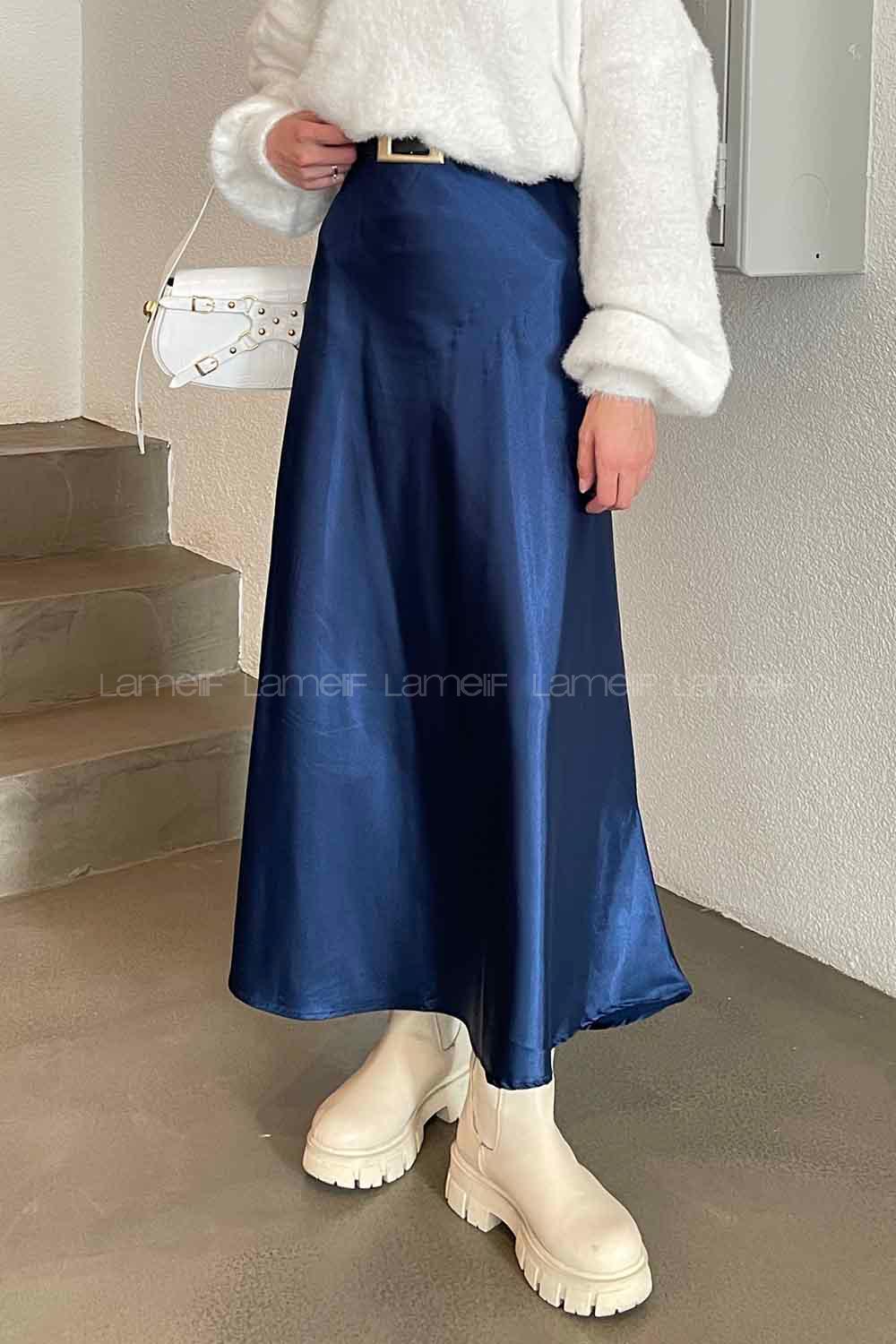 Lamelif Düz Saten Çan Etek Saks Mavisi