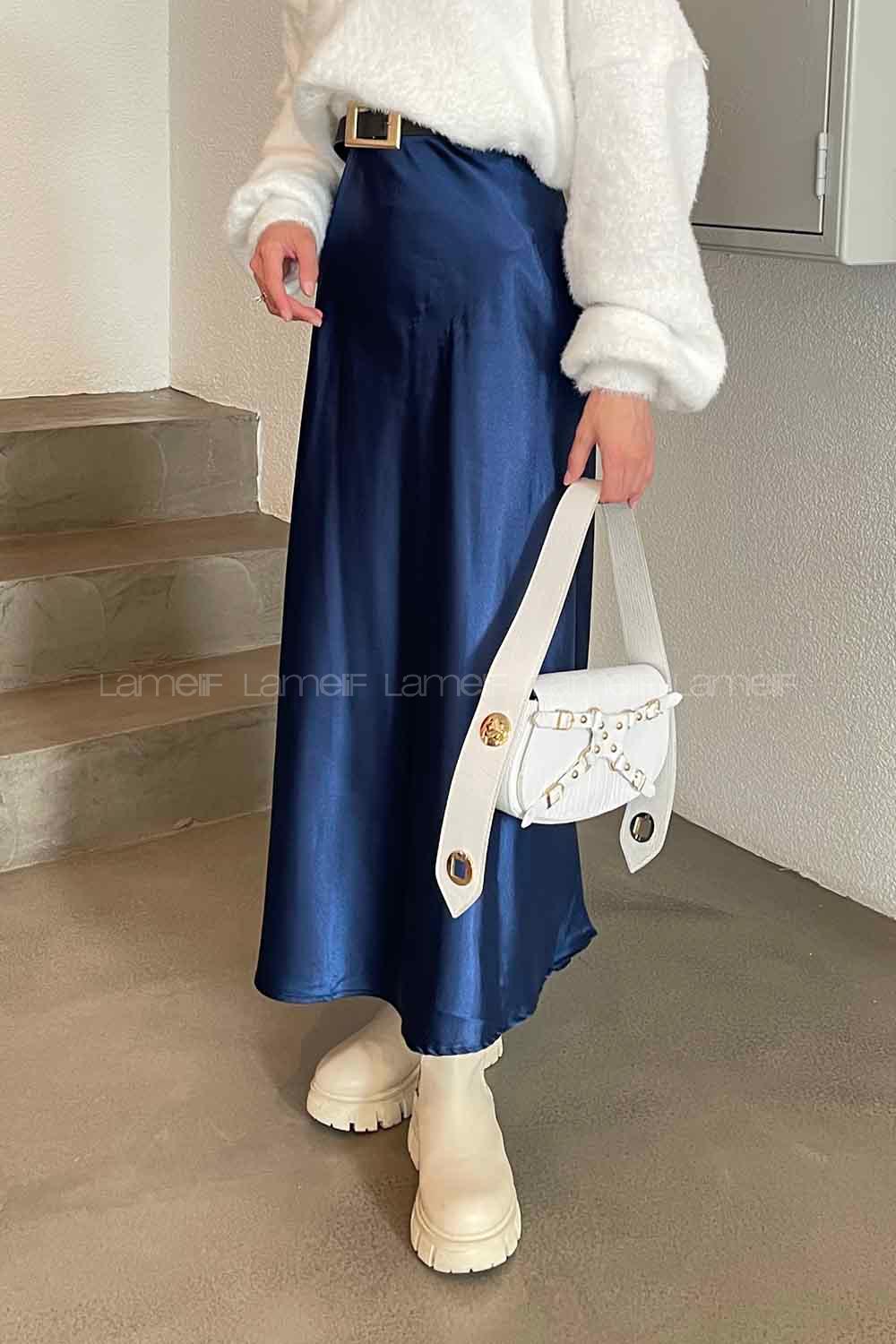Lamelif Düz Saten Çan Etek Saks Mavisi