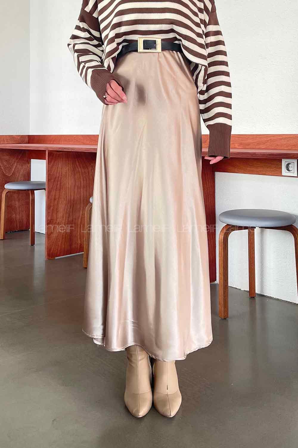 Lamelif Düz Saten Çan Etek  Vizon