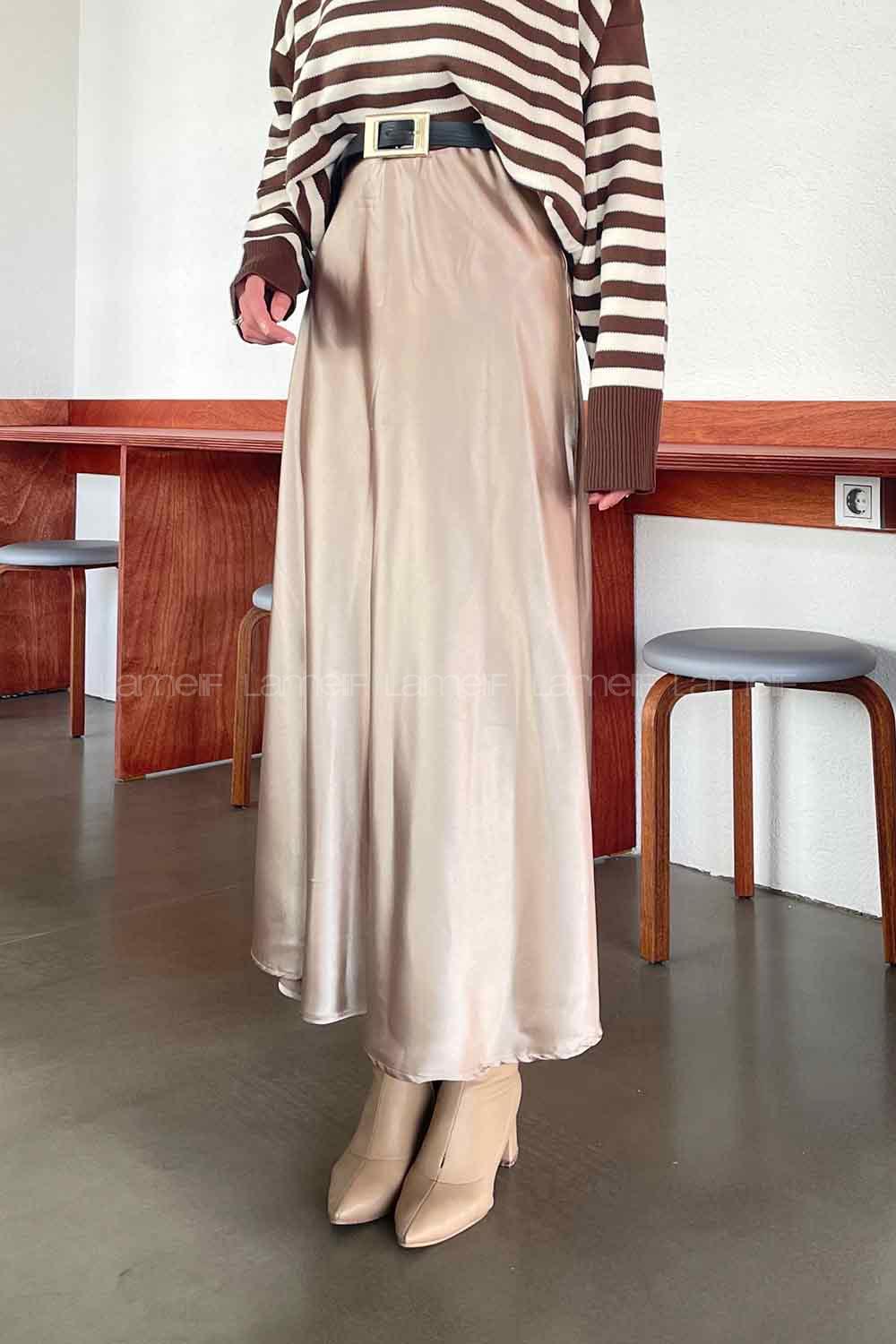 Lamelif Düz Saten Çan Etek  Vizon