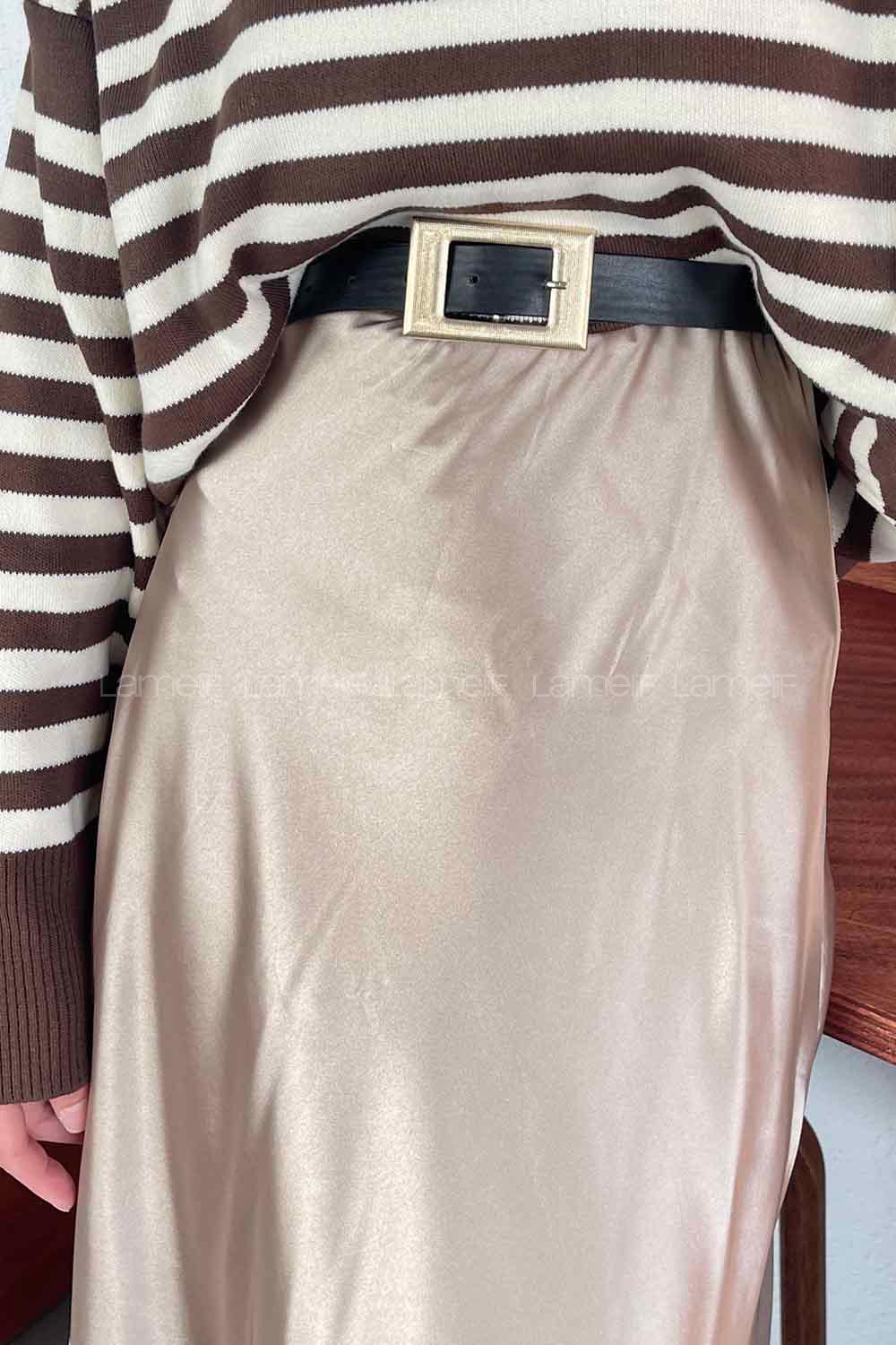 Lamelif Düz Saten Çan Etek  Vizon