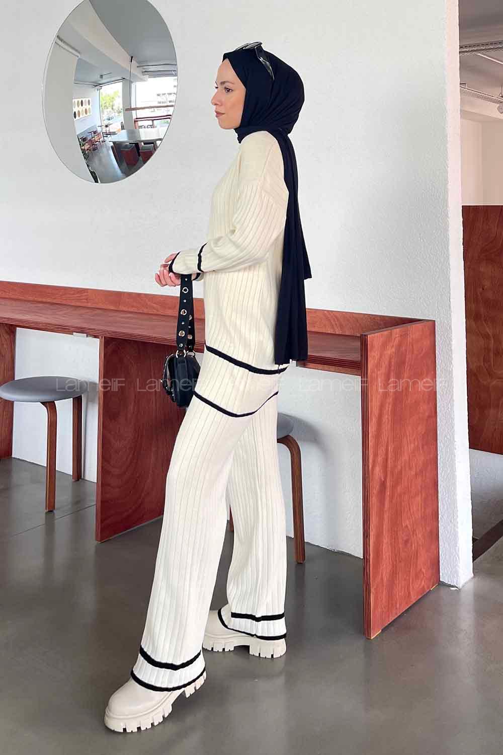 Lamelif Gülnil Şerit Detaylı Triko Tesettür Takım Ekru