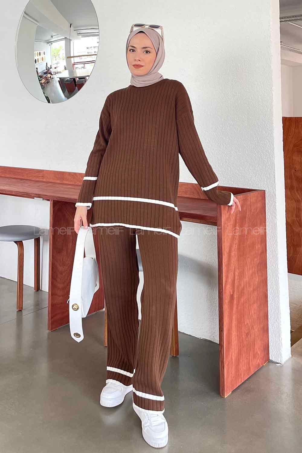 Brown Medium Crew Neck Long Arm Knitwear Regular Trousers Comfortable Suit