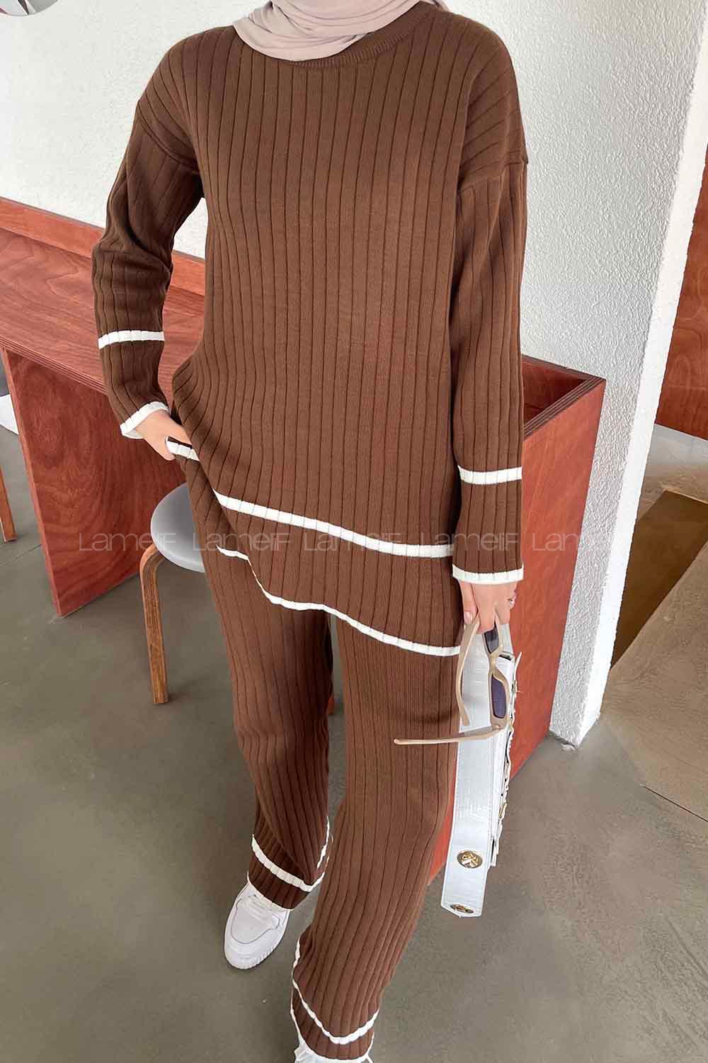 Brown Medium Crew Neck Long Arm Knitwear Regular Trousers Comfortable Suit