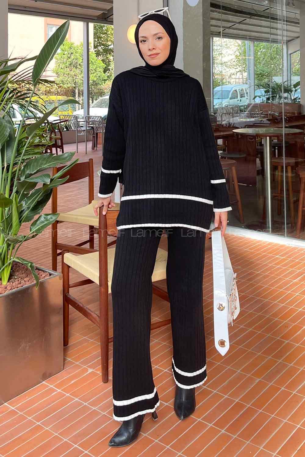 Black Medium Crew Neck Long Arm Knitwear Regular Trousers Comfortable Suit
