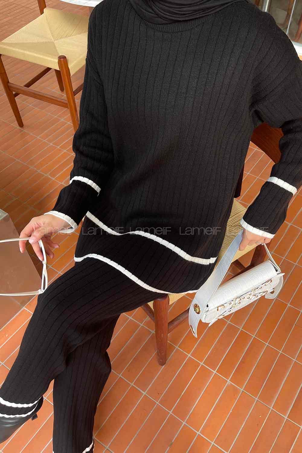 Black Medium Crew Neck Long Arm Knitwear Regular Trousers Comfortable Suit