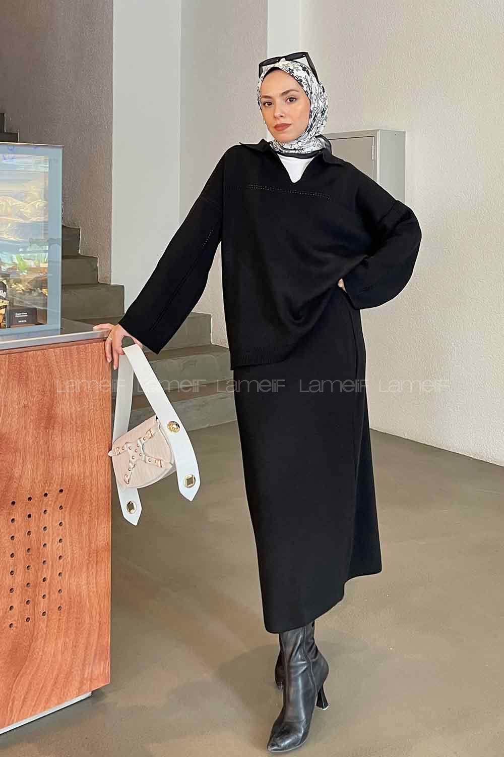 Black Polo Neck Collar Long Arm Knitwear Straight Skirt Suit