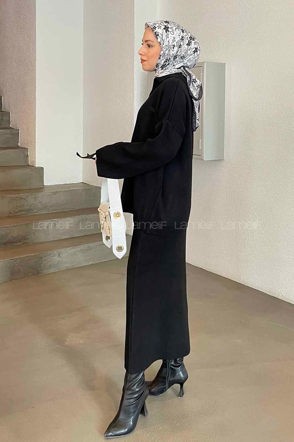 Black Polo Neck Collar Long Arm Knitwear Straight Skirt Suit