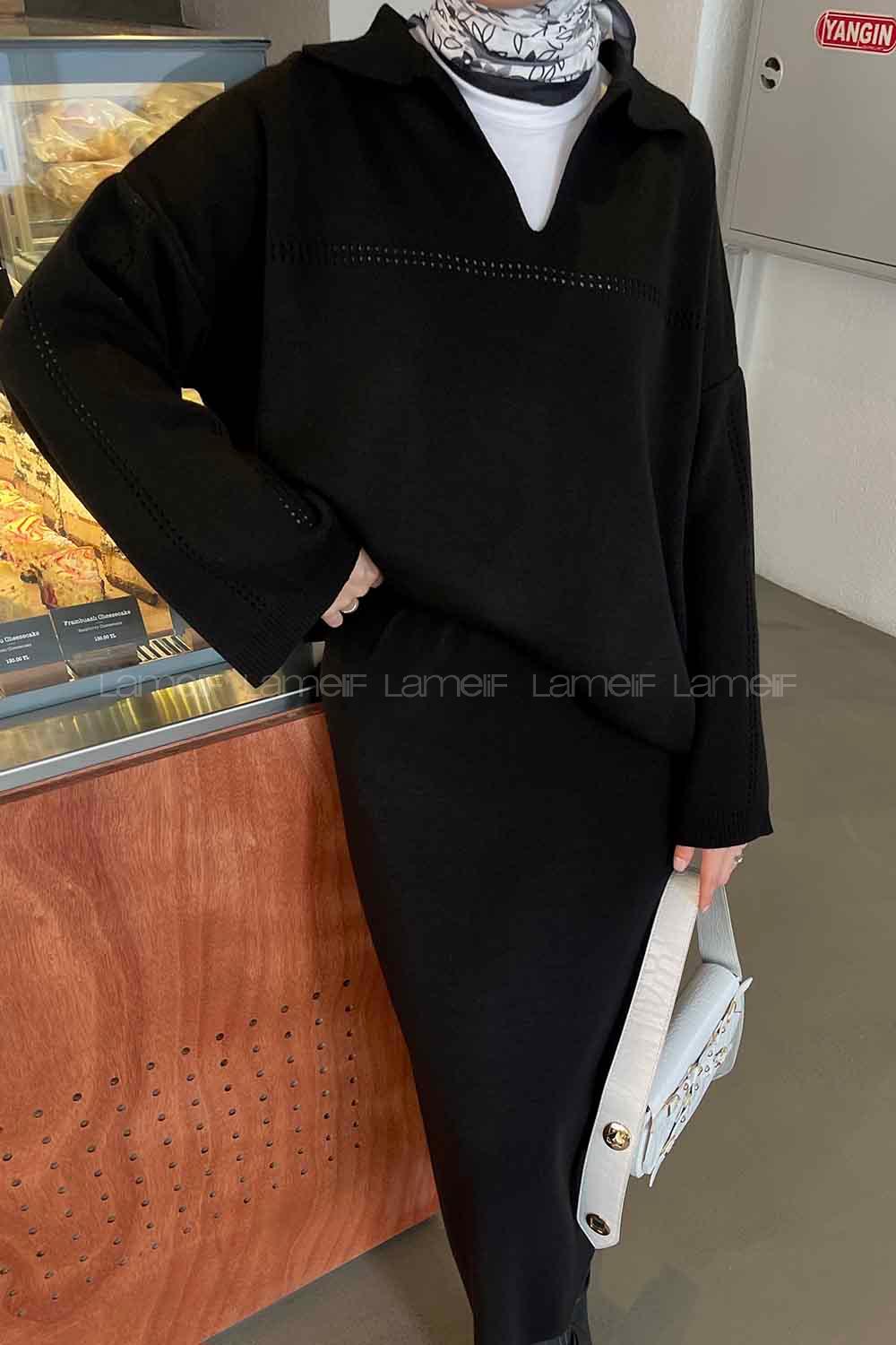 Black Polo Neck Collar Long Arm Knitwear Straight Skirt Suit
