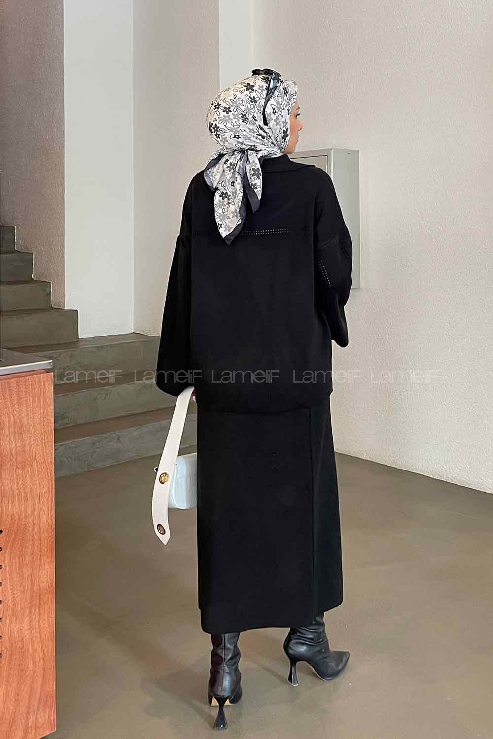 Black Polo Neck Collar Long Arm Knitwear Straight Skirt Suit