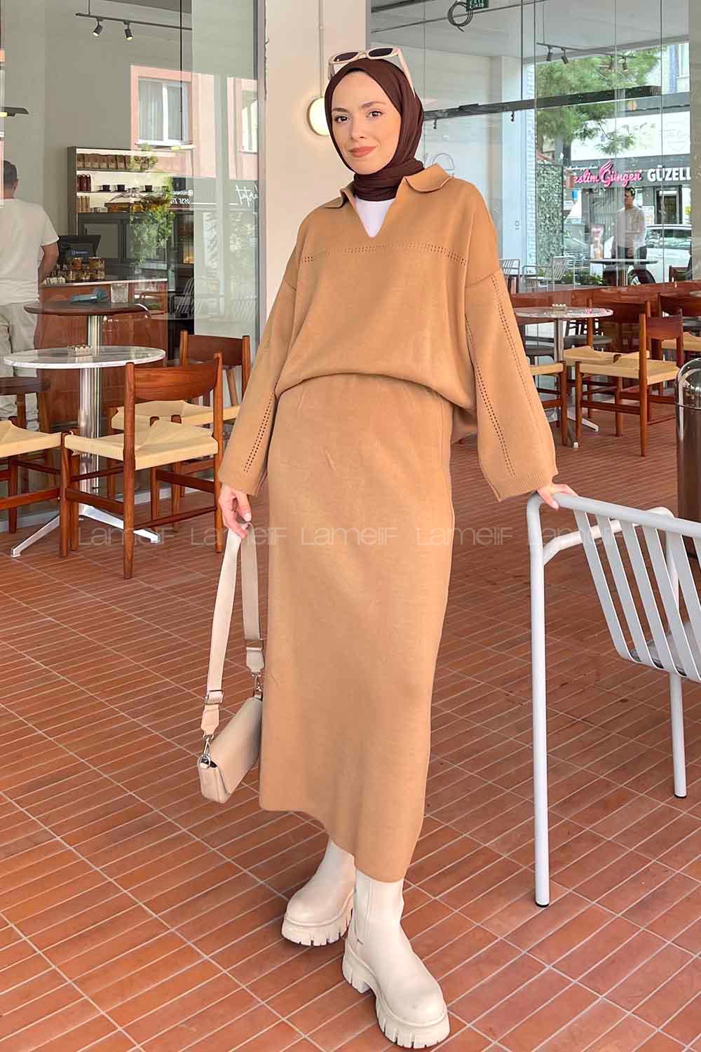 Brown With Milk Polo Neck Collar Long Arm Knitwear Straight Skirt Suit