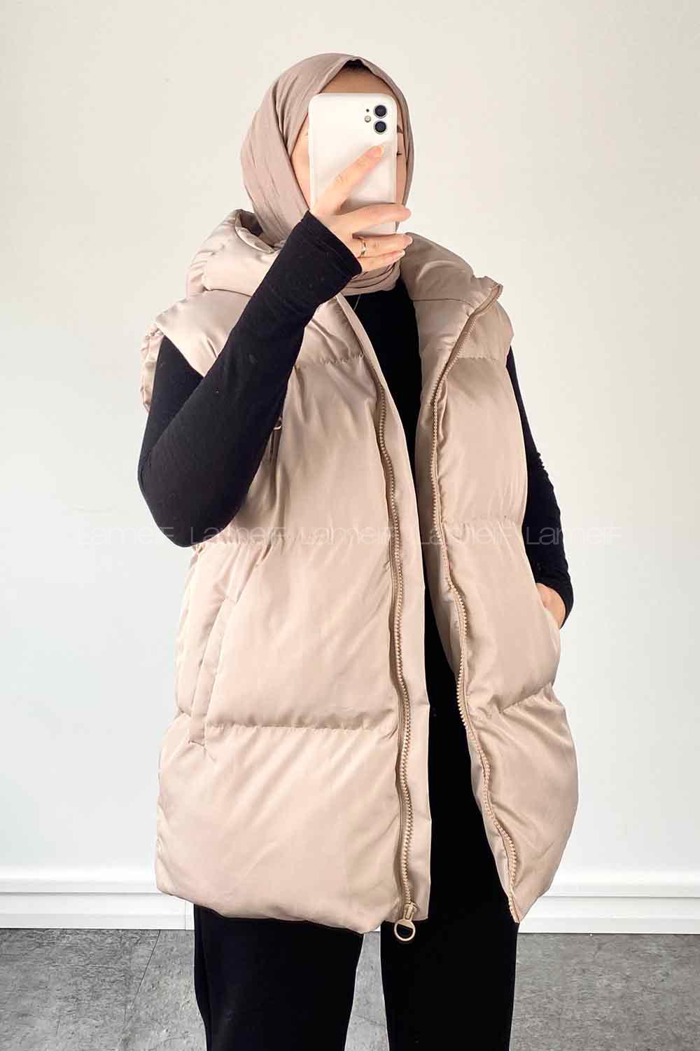 Cream Hood Neck Zero Arm Cotton Unprinted Vest