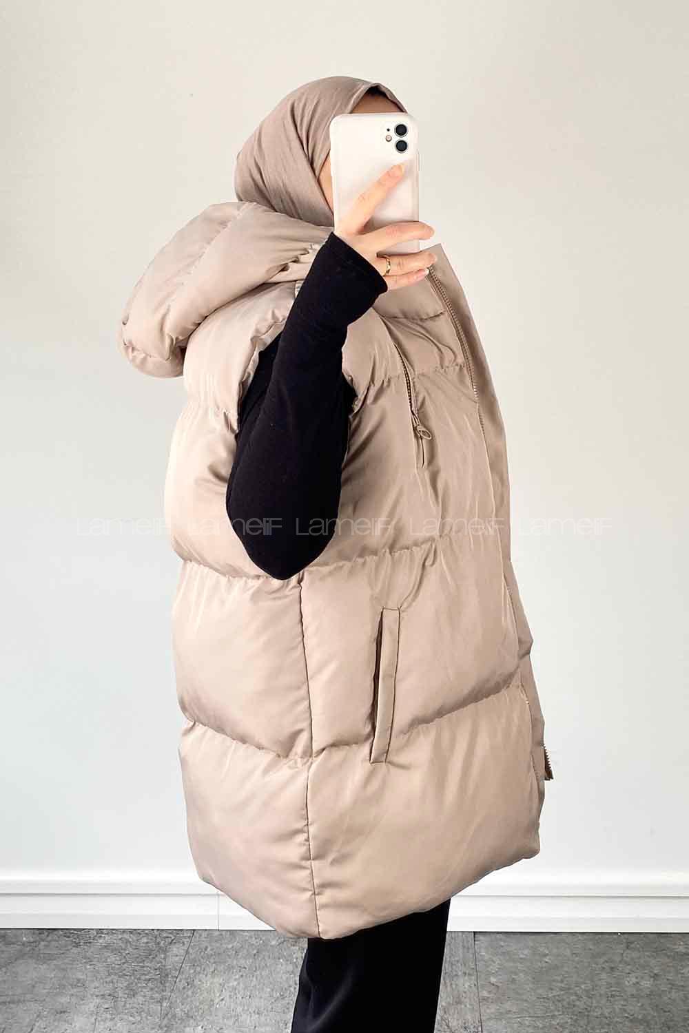 Cream Hood Neck Zero Arm Cotton Unprinted Vest