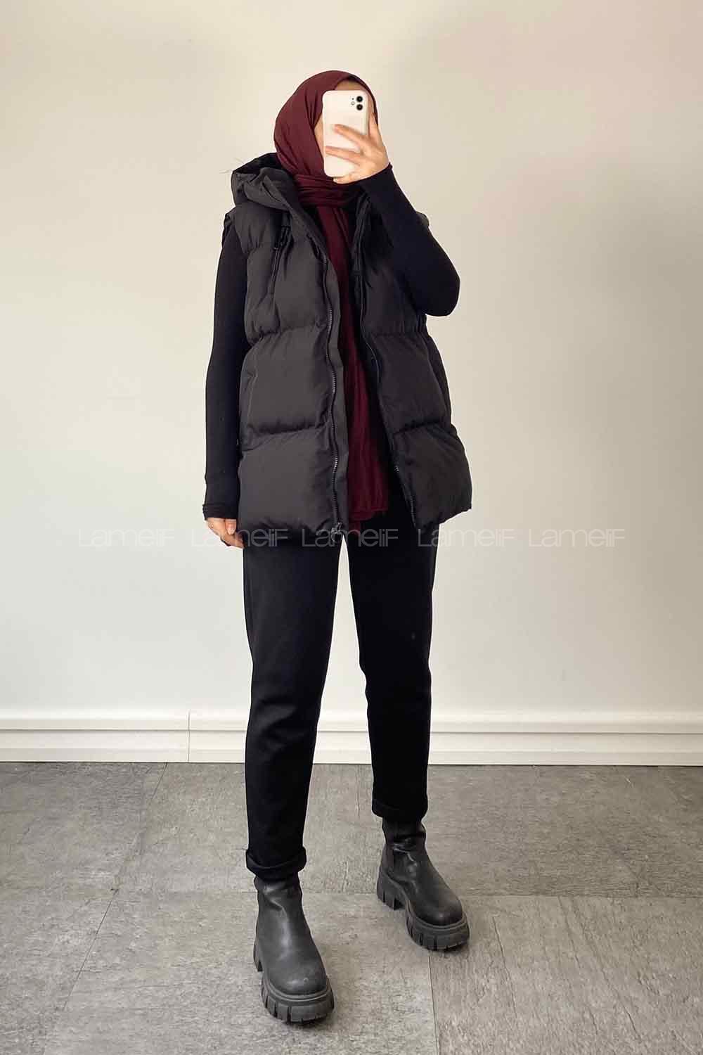 Black Hood Neck Zero Arm Cotton Unprinted Vest