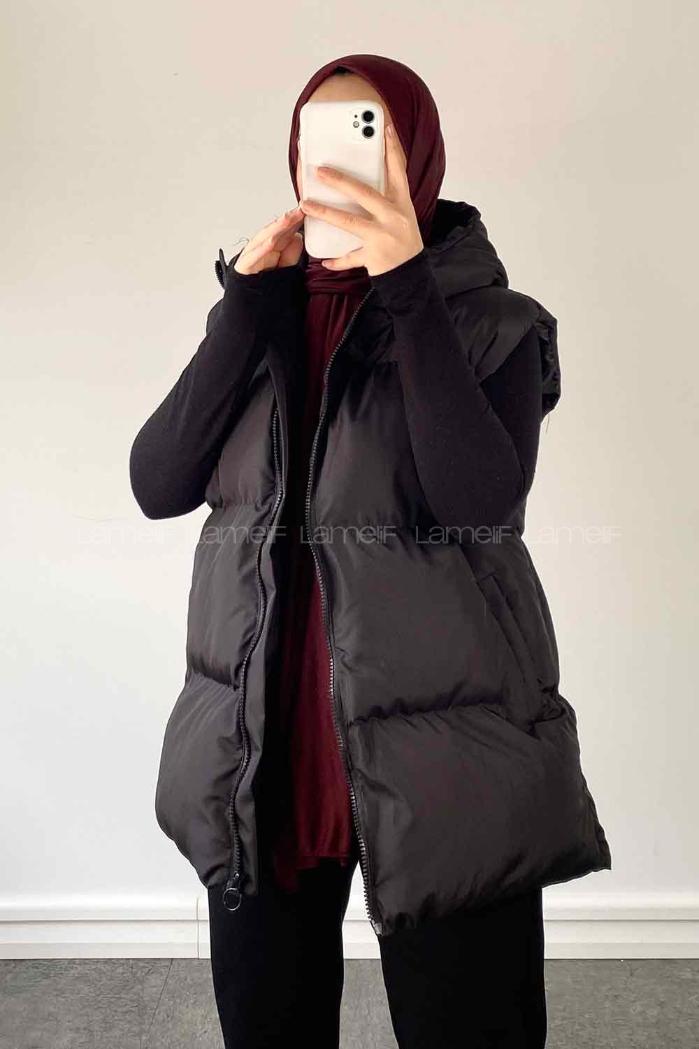 Black Hood Neck Zero Arm Cotton Unprinted Vest