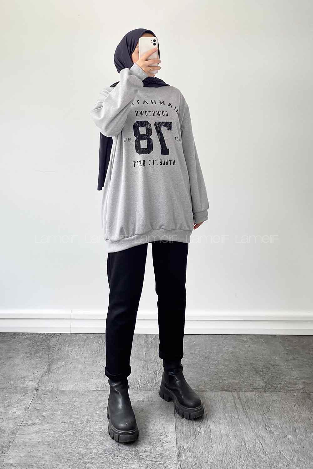 Gray Crew Neck Long Arm Printed Sweatshirt