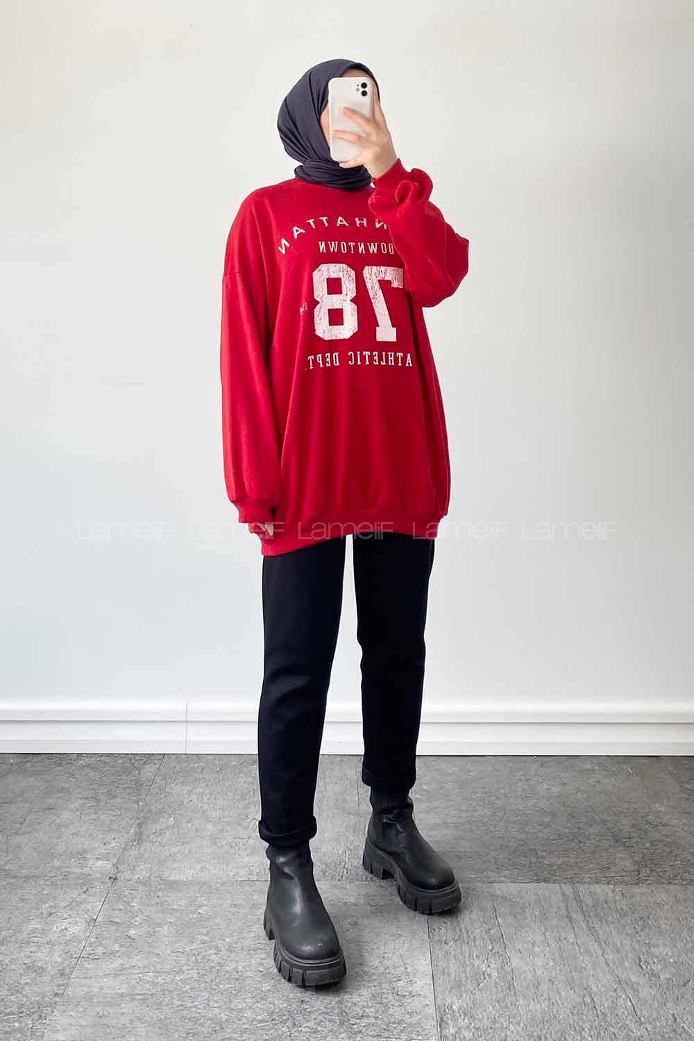 Red Crew Neck Long Arm Printed Sweatshirt