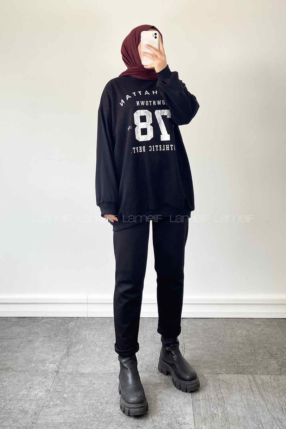 Black Crew Neck Long Arm Printed Sweatshirt