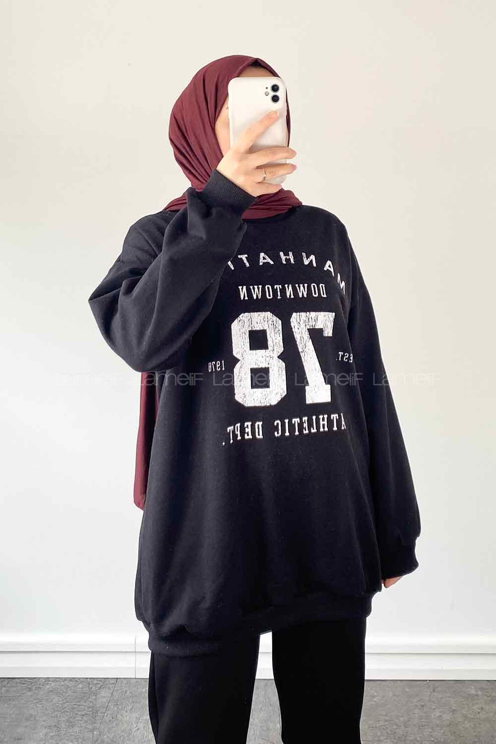 Black Crew Neck Long Arm Printed Sweatshirt