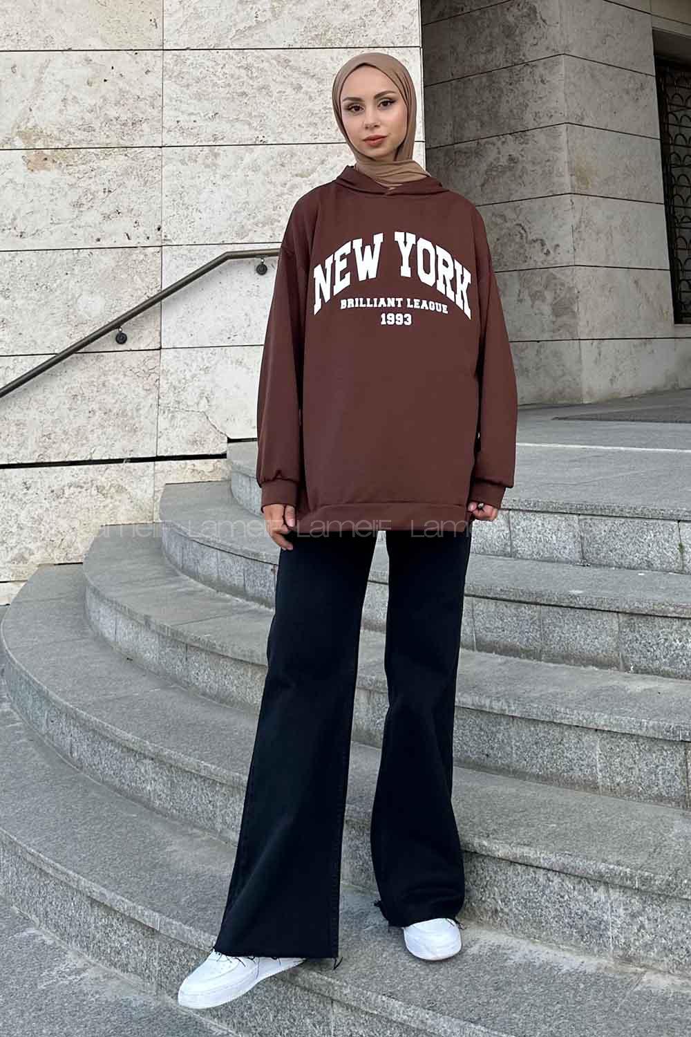 Bitter Brown Hood Neck Long Arm Printed Sweatshirt