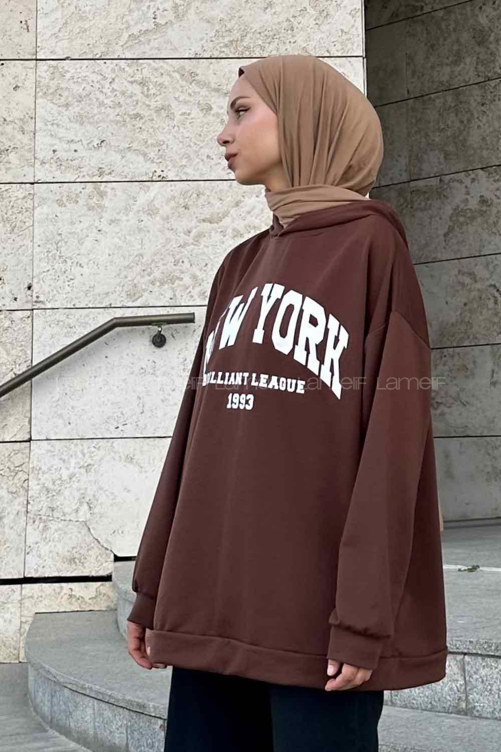 Bitter Brown Hood Neck Long Arm Printed Sweatshirt