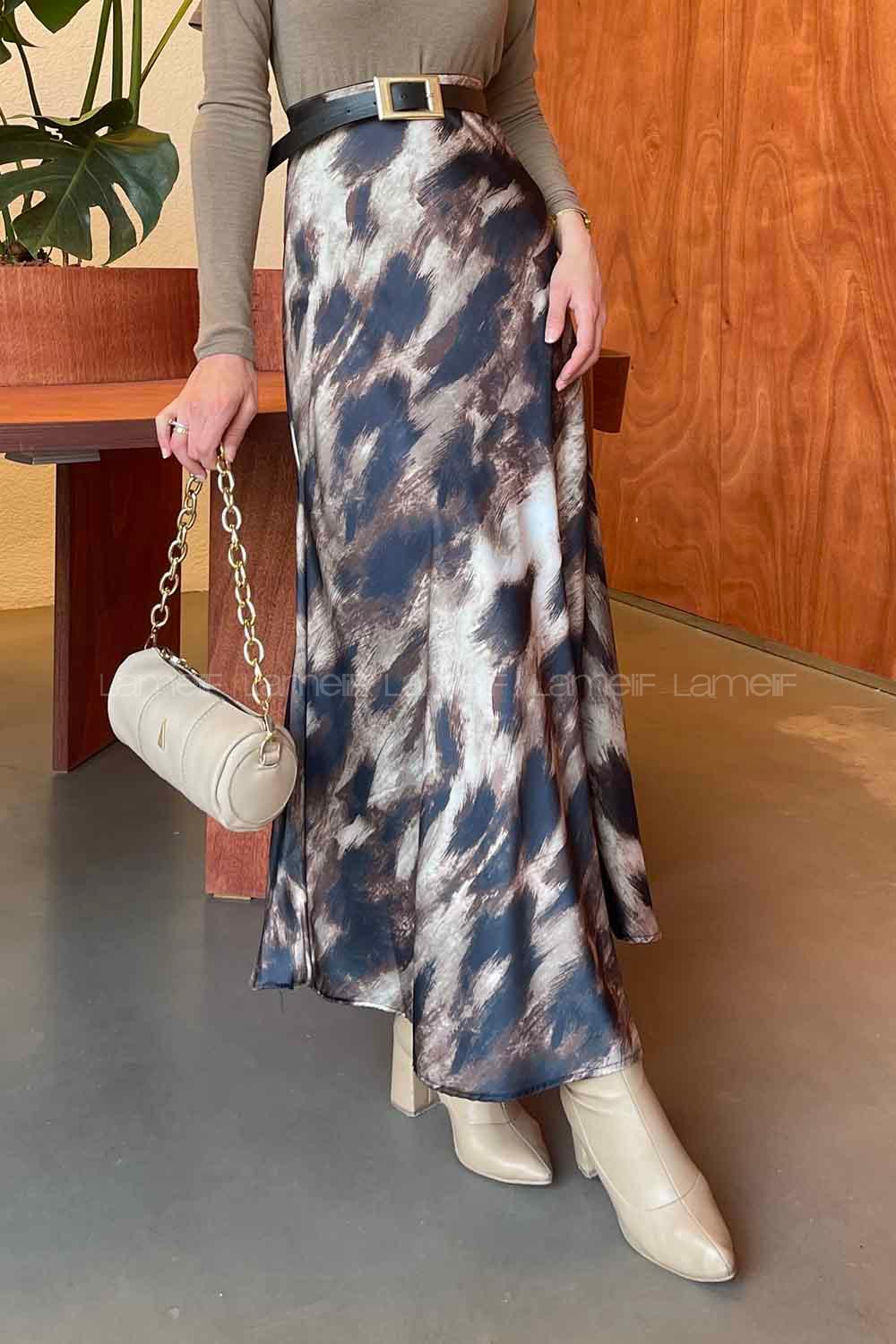 Lamelif Saten Pamuklu Desenli Etek  Vizonrengi Siyah